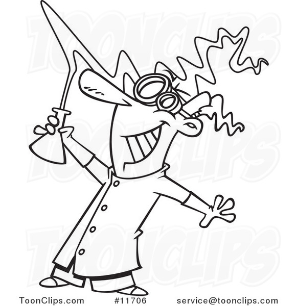 Cartoon Outlined Mad Scientist Holding a Beaker