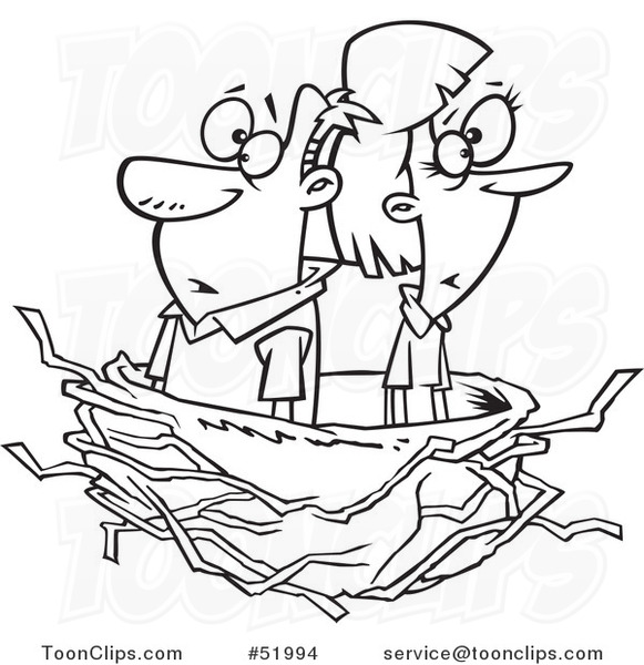Cartoon Outlined Middle Aged Couple in an Empty Nest