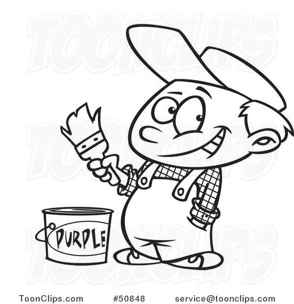 Cartoon Outlined Painter Boy with a Bucket of Purple Paint