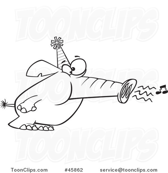 Cartoon Outlined Party Elephant Blowing His Trunk like a Horn