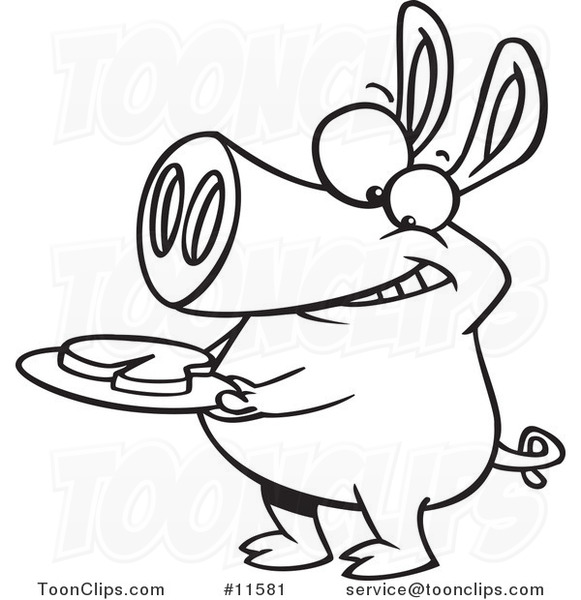 Cartoon Outlined Pig with Meat on a Plate