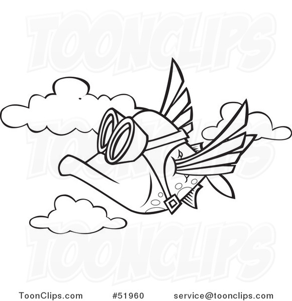 Cartoon Outlined Pilot Fish Flying