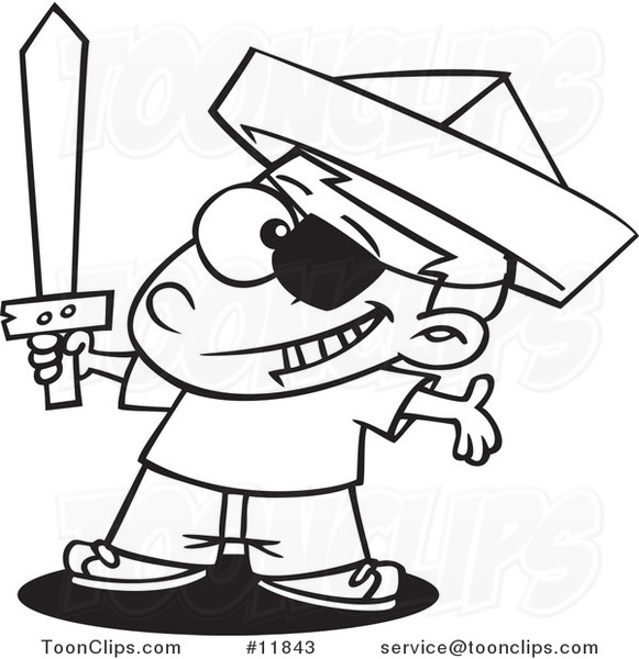 Cartoon Outlined Pirate Boy with a Newspaper Hat and Sword