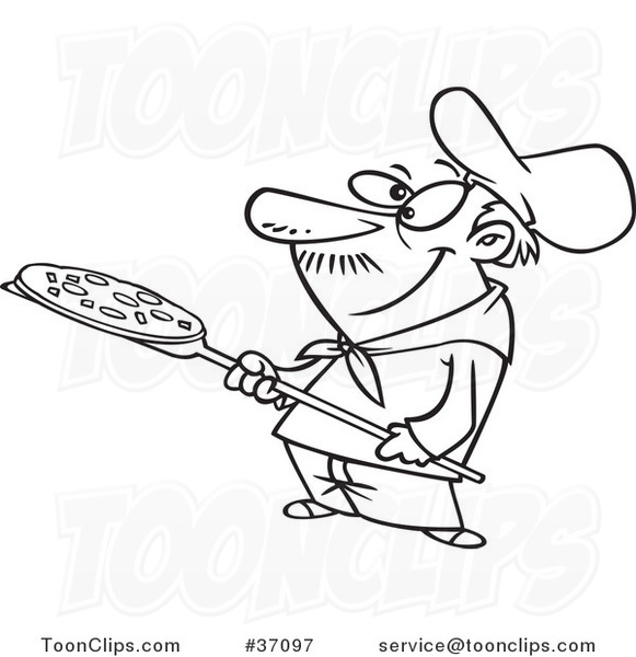 Cartoon Outlined Pizza Guy Holding a Pie