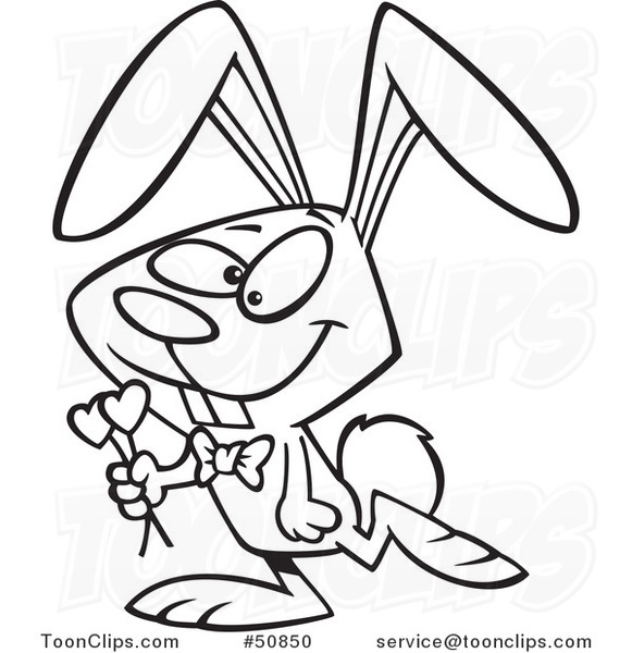 Cartoon Outlined Romantic Valentine Bunny Rabbit Carrying Hearts