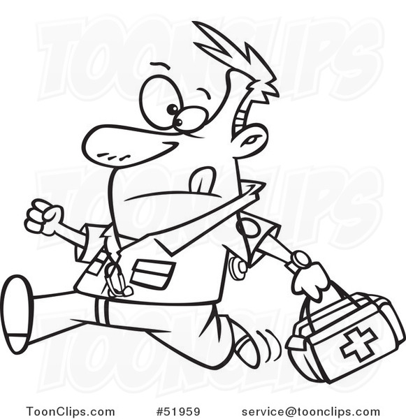 Cartoon Outlined Running EMT with a First Aid Kit