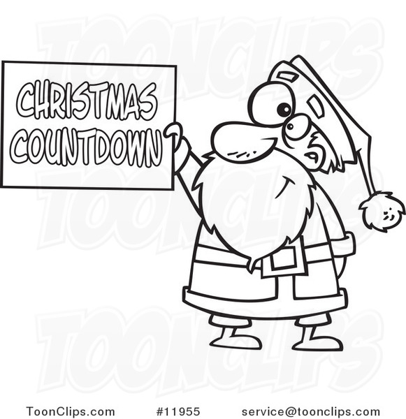 Cartoon Outlined Santa Holding a Christmas Countdown Sign