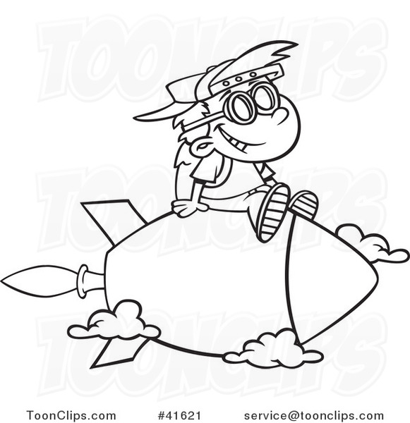 Cartoon Outlined School Boy Riding on a Rocket