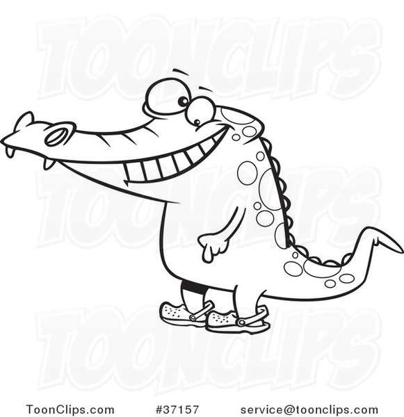 Cartoon Outlined Smiling Crocodile Standing Upright and Wearing Crocs on  His Feet #37157 by Ron Leishman