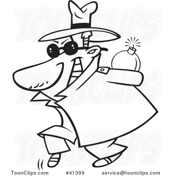 Cartoon Outlined Sneaky Spy Carrying a Bomb Behind His Back