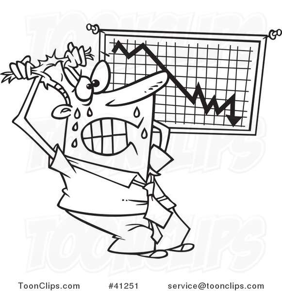 Cartoon Outlined Stressed Business Man Viewing a Recession Chart