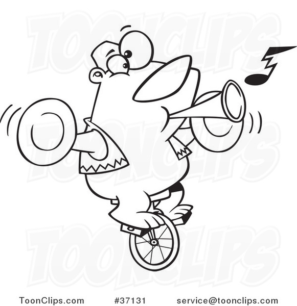 Cartoon Outlined Stunt Bear Playing Music and Riding a Unicycle