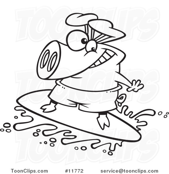Cartoon Outlined Surfer Pig Riding a Wave,