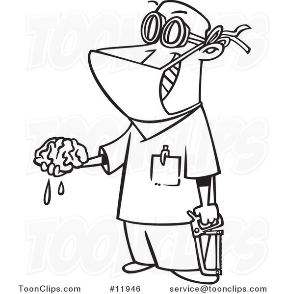 Cartoon Outlined Surgeon Holding a Brain out