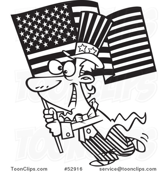 Cartoon Outlined Uncle Sam Carrying an American Flag