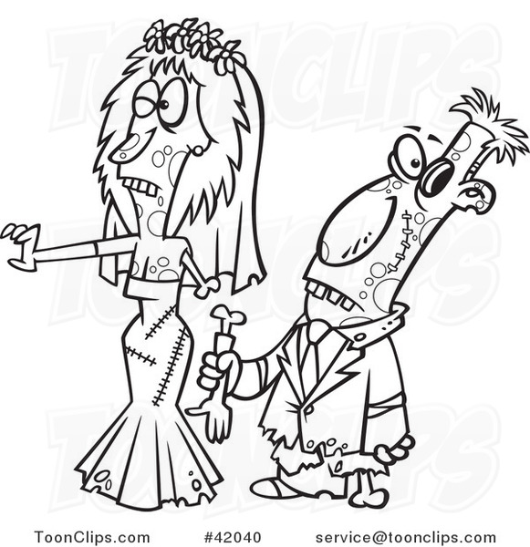 Cartoon Outlined Zombie Wedding Bride and Groom Couple