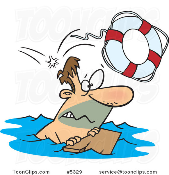Cartoon Overboard Guy Floating on Wood #5329 by Ron Leishman