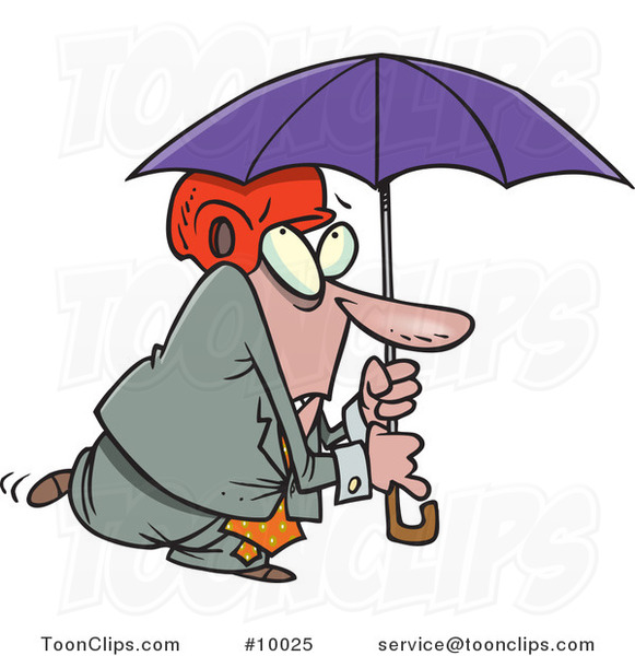 Cartoon Paranoid Business Man Wearing a Helmet Under an Umbrella