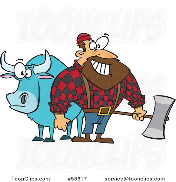 Cartoon Paul Bunyan Lumberjack Holding an Axe by Babe the Blue Ox