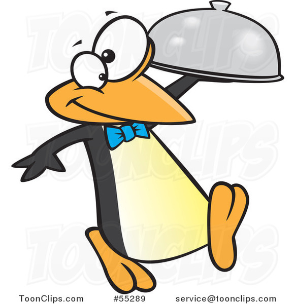 Cartoon Penguin Waiter with a Cloche Platter