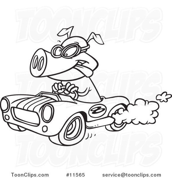 Cartoon Pig Racing a Hot Rod Black and White Outline