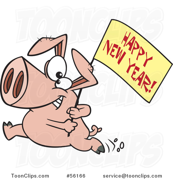 Cartoon Pig Running with a New Year Sign