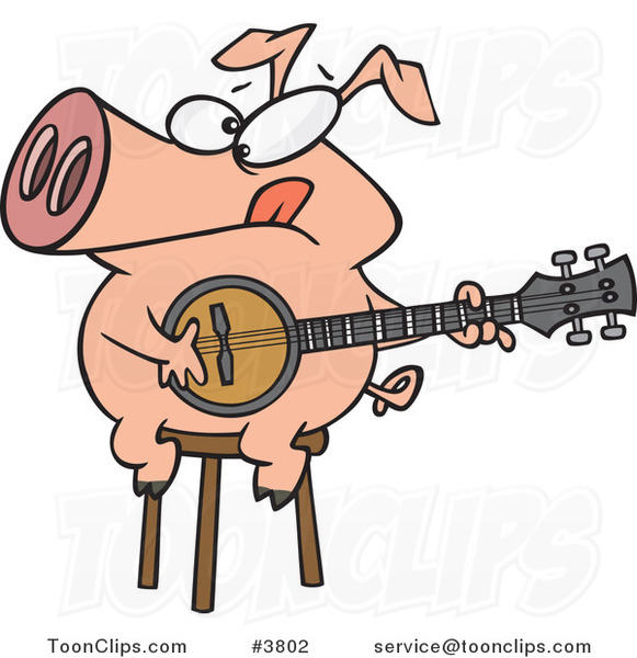 Cartoon Pig Sitting on a Stool and Playing a Banjo