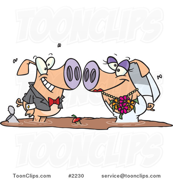 Cartoon Pig Wedding Couple in a Puddle of Mud