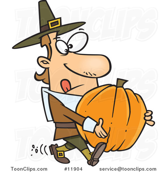 Cartoon Pilgrim Guy Carrying a Pumpkin