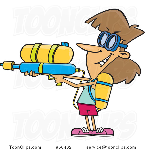 Cartoon Playful Brunette White Lady Armed with a Soaker Water Gun