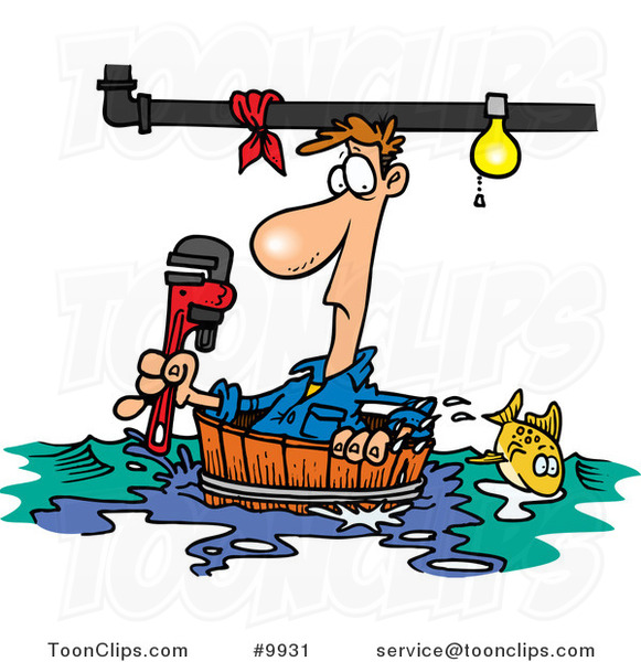 Cartoon Plumber Floating in a Barrel