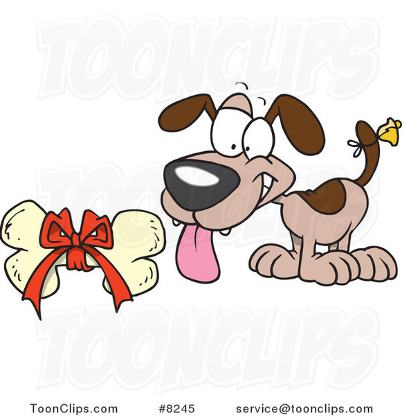 Cartoon Puppy with a Bell on His Tail, Looking at a Bone