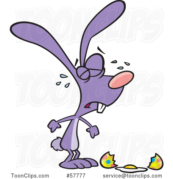 Cartoon Purple Easter Bunny Crying over a Broken Egg