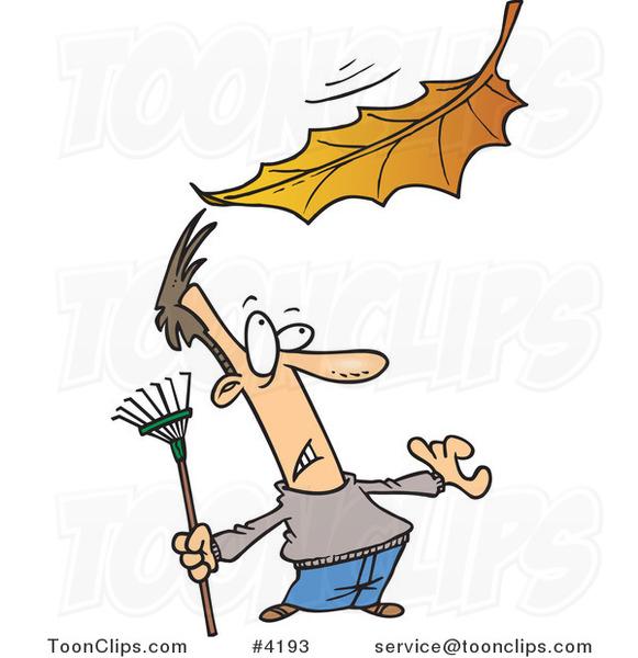 Cartoon Raking Guy Watching a Big Leaf Fall