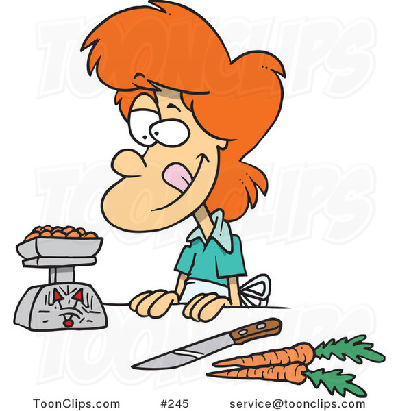 Cartoon Red Haired Lady Weighing Her Food