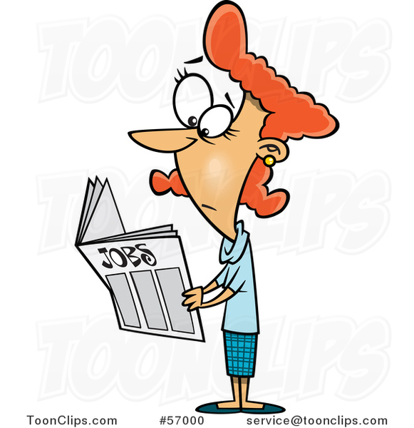 Cartoon Red Haired White Lady Looking for Jobs in the Classifieds