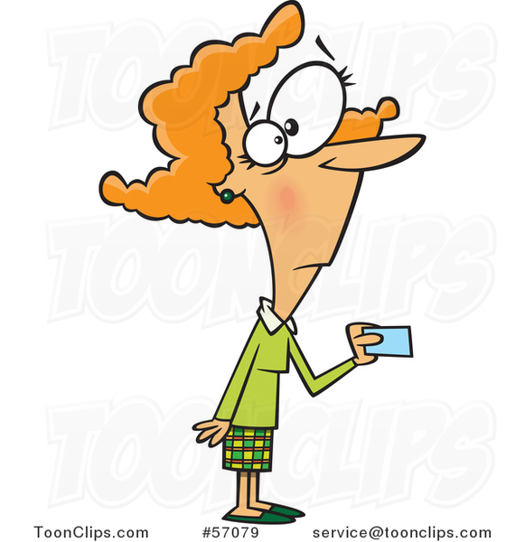Cartoon Red Haired White Lady Making a Purchase with a Credit or Debit Card