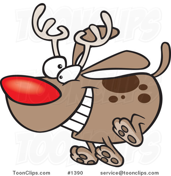 Cartoon Red Nosed Christmas Dog Running and Wearing Antlers