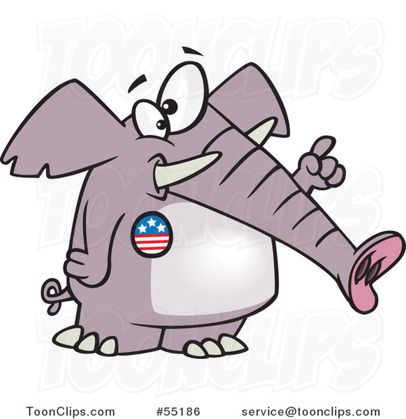 Cartoon Republican Elephant Wearing a Button and Holding up a Finger