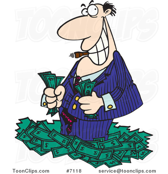 Cartoon Rich Business Man Standing in Cash #7118 by Ron Leishman