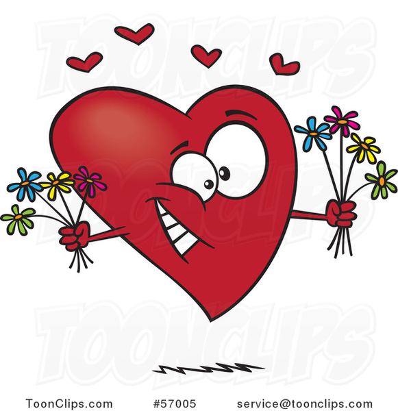 Cartoon Romantic Heart Character Holding Bouquets of Flowers