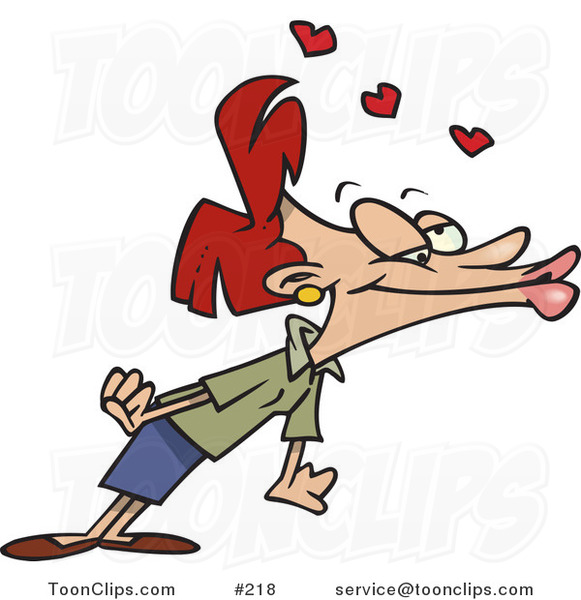 Cartoon Romantic Red Haired Lady Leaning Forward with Her Lips Puckered, Waiting for a Kiss from Her Boyfriend or Husband, Red Hearts Above