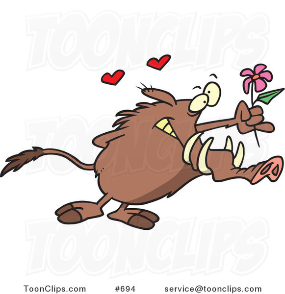 Cartoon Romantic Warthog Holding out a Flower