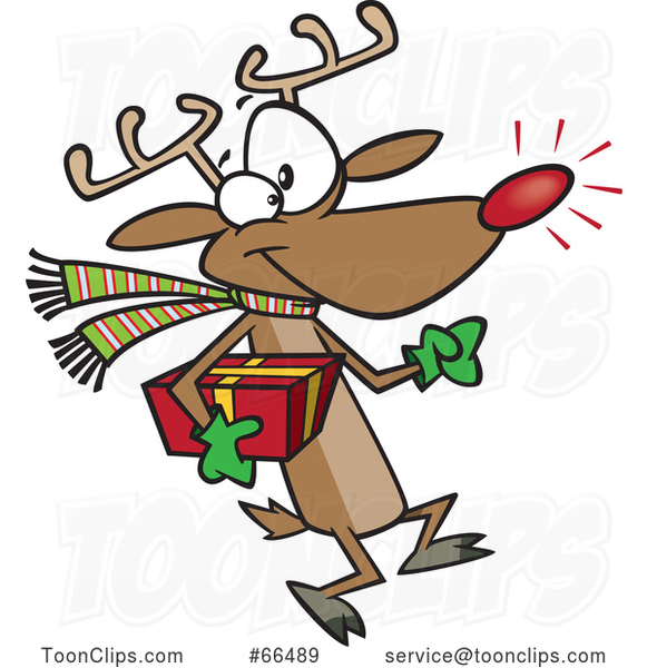 Cartoon Rudolph Reindeer Carrying a Christmas Present #66489 by Ron Leishman