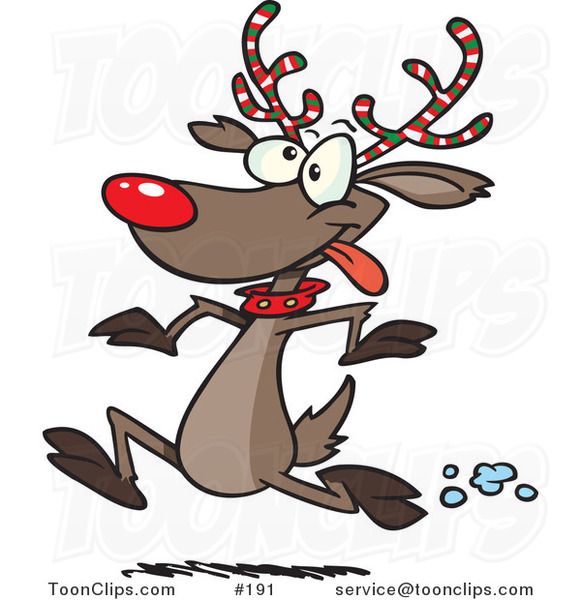 Cartoon Rudolph the Red Nosed Reindeer with Festive Red, White and Green  Striped Antlers, Running in the Snow #191 by Ron Leishman