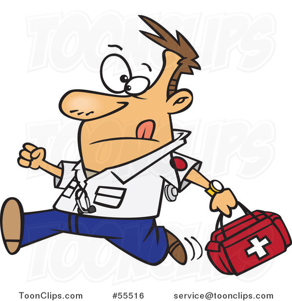 Cartoon Running EMT with a First Aid Kit