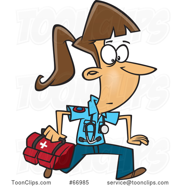 Cartoon Running White Female EMT with a First Aid Kit