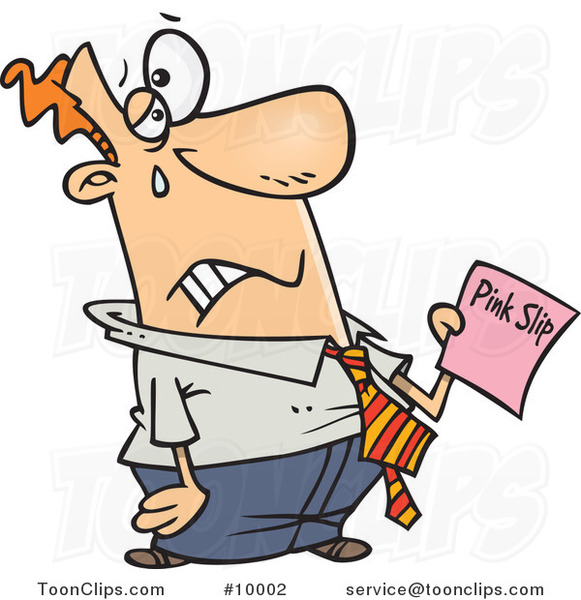 Cartoon Sad Business Man Holding a Pink Slip
