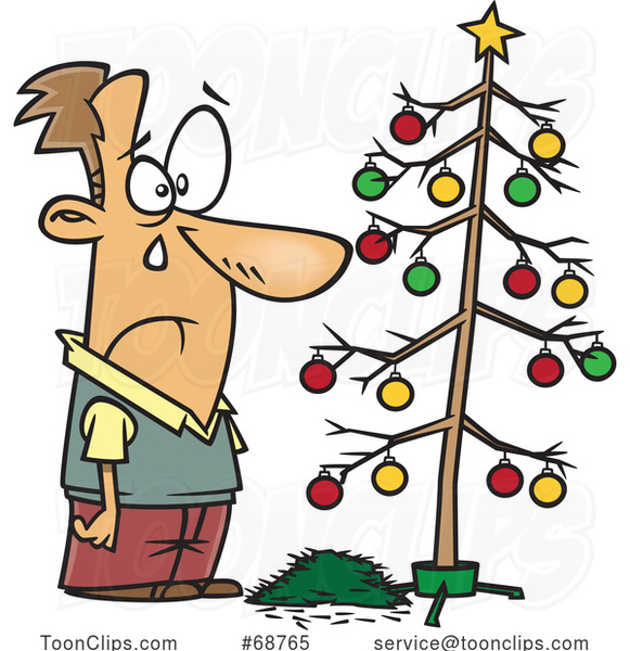 Cartoon Sad Guy Crying over a Dead Christmas Tree