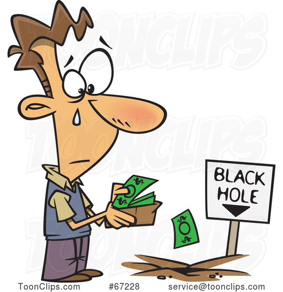 Cartoon Sad Guy Pouring His Money in to a Black Hole
